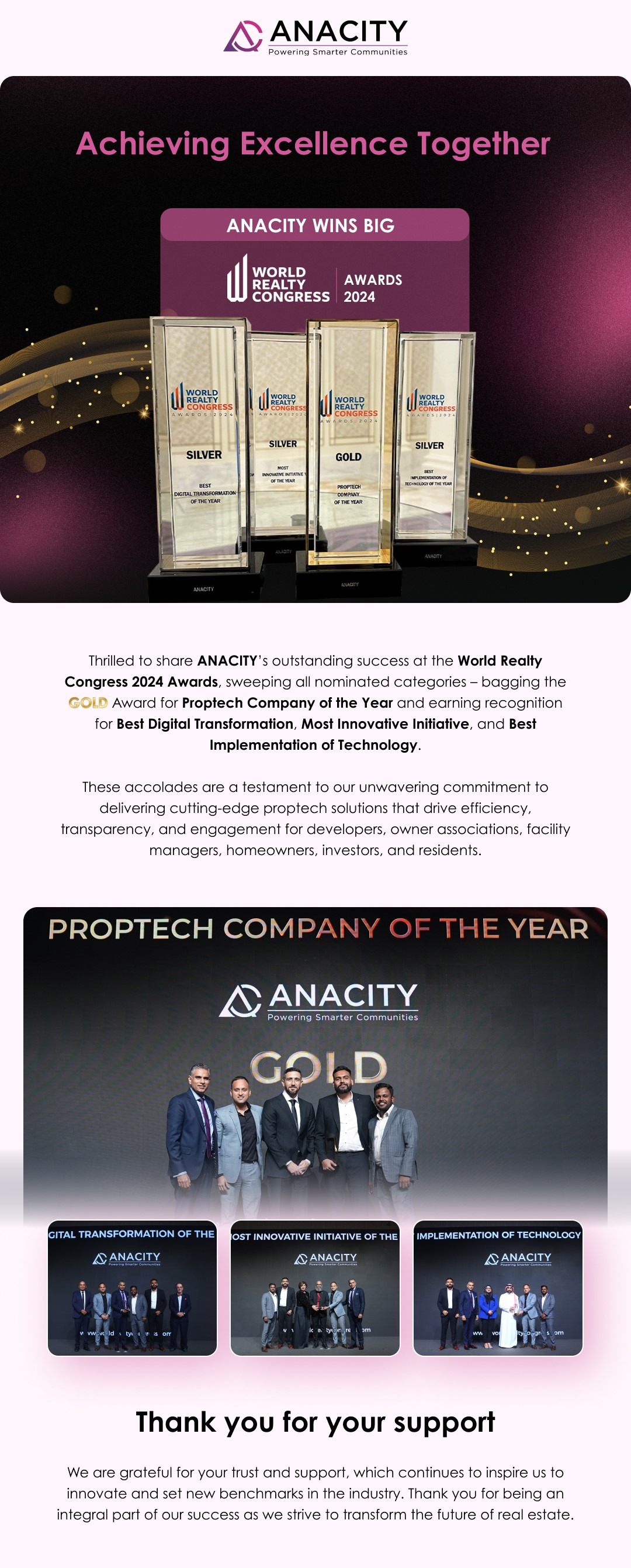 ANACITY Strikes GOLD at World Realty Congress ’24, Bags Proptech Company of the Year