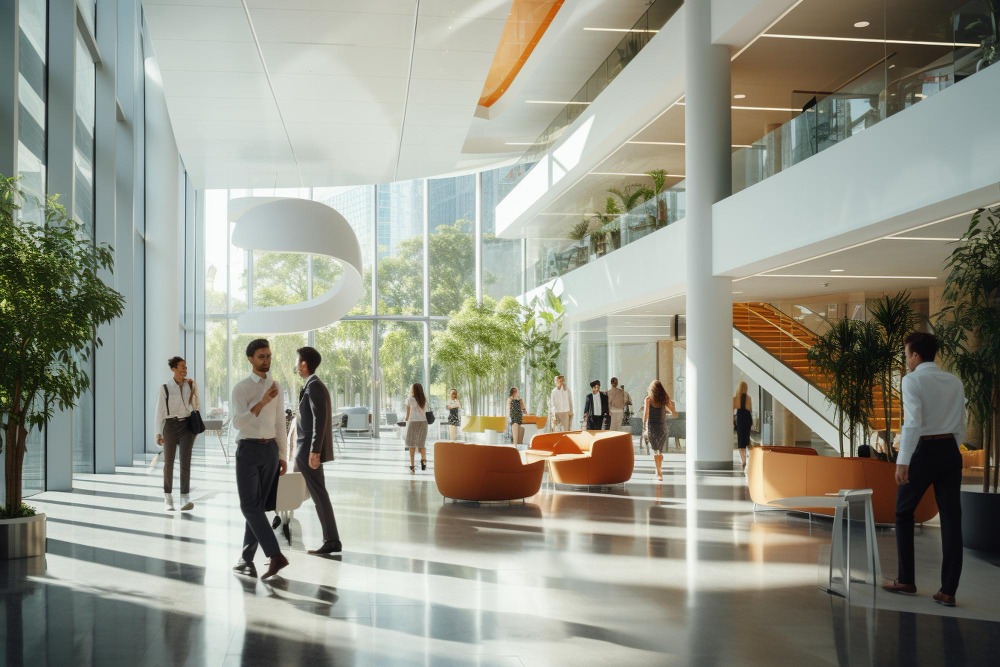Office lobby highlighting visitor management system