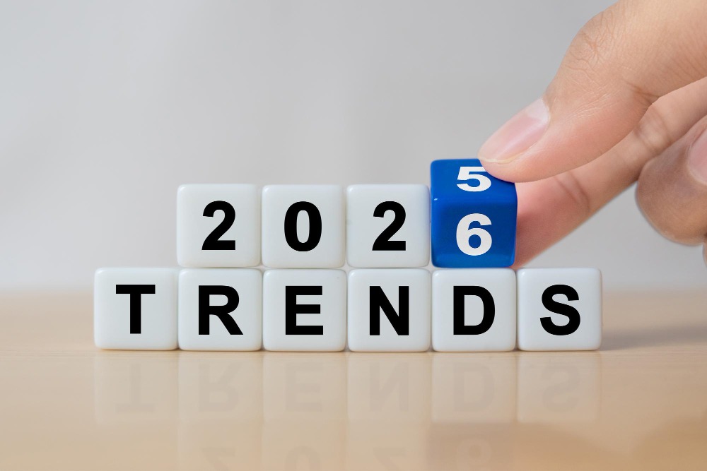 Playing cubes saying 2026 Trends representing workplace trends