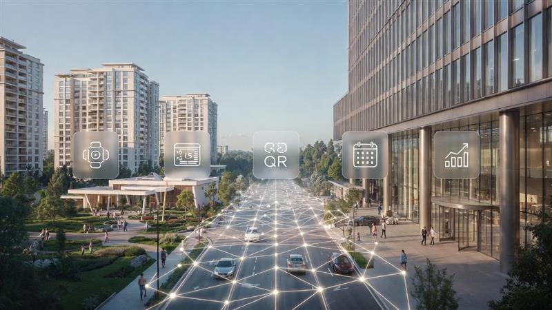 Picture showing office building opposite a housing complex to show workplace experience platform