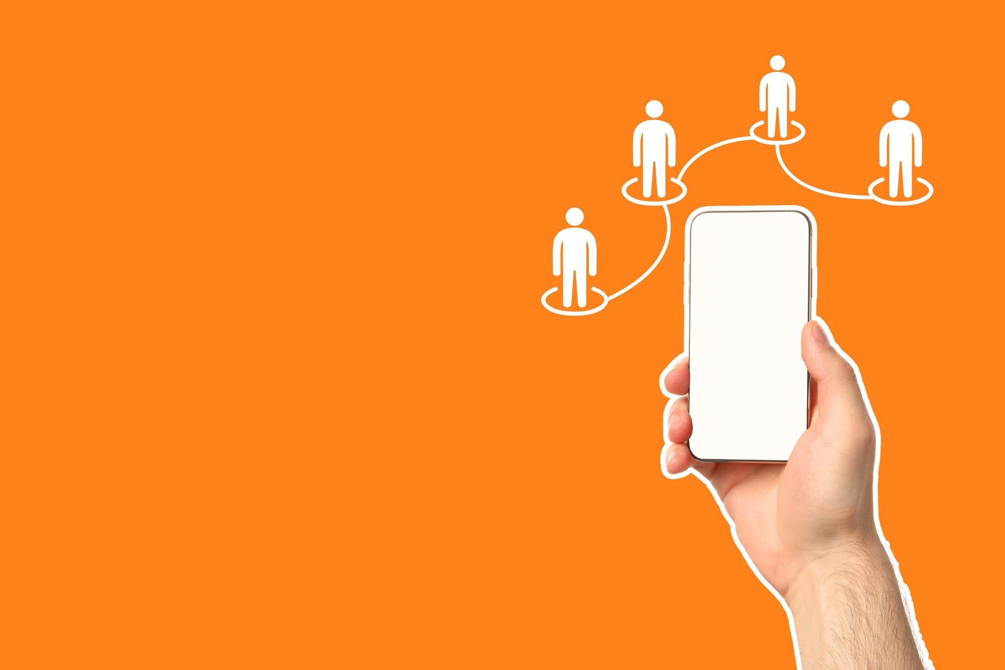 Graphic of phone with network of people to represent resident engagement app