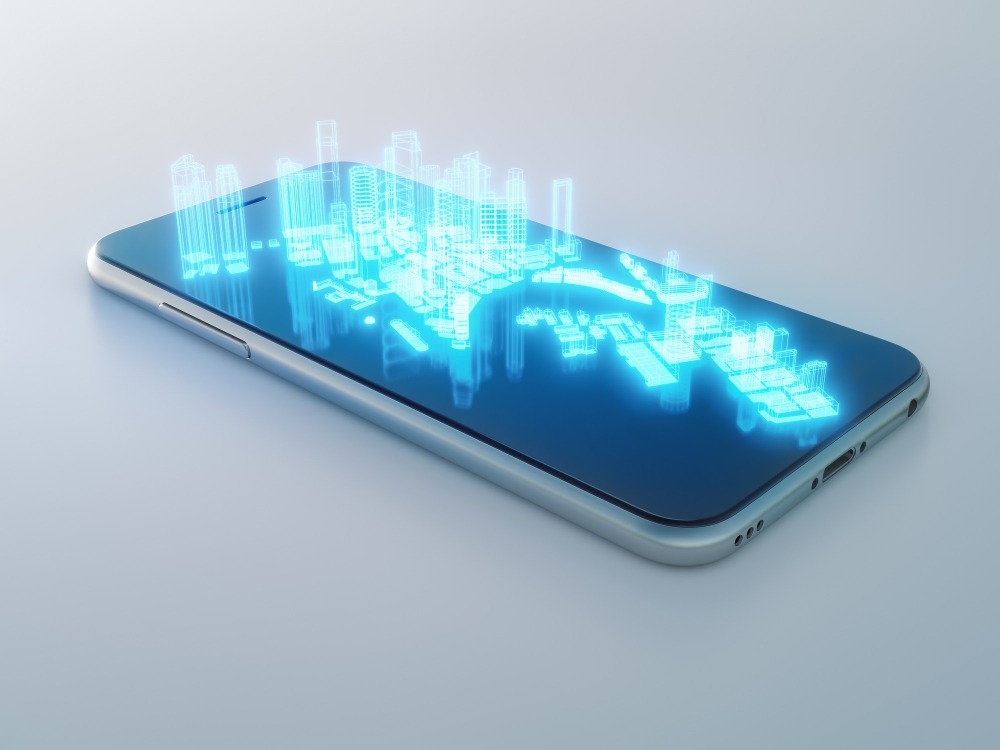 Phone screen with projection of building & tech showing smart community technology