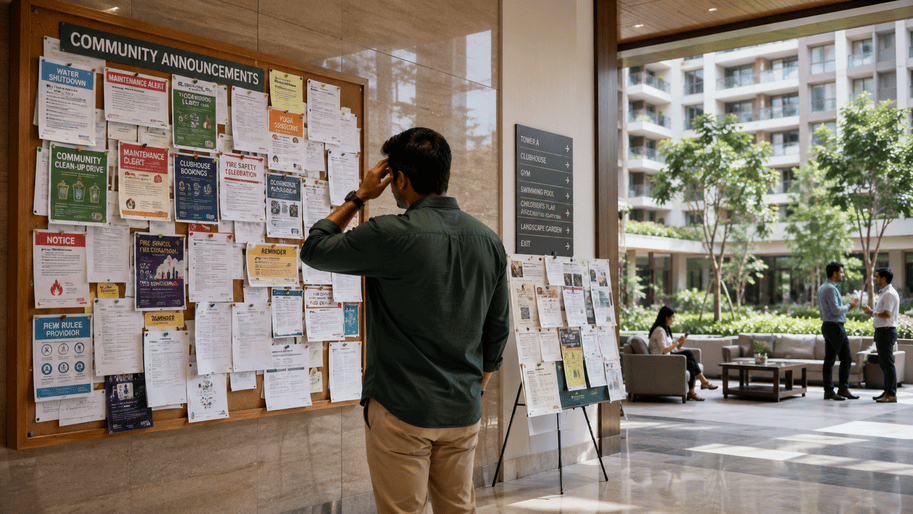 Man standing in front of a notice board showing why Community announcements and communication app are better
