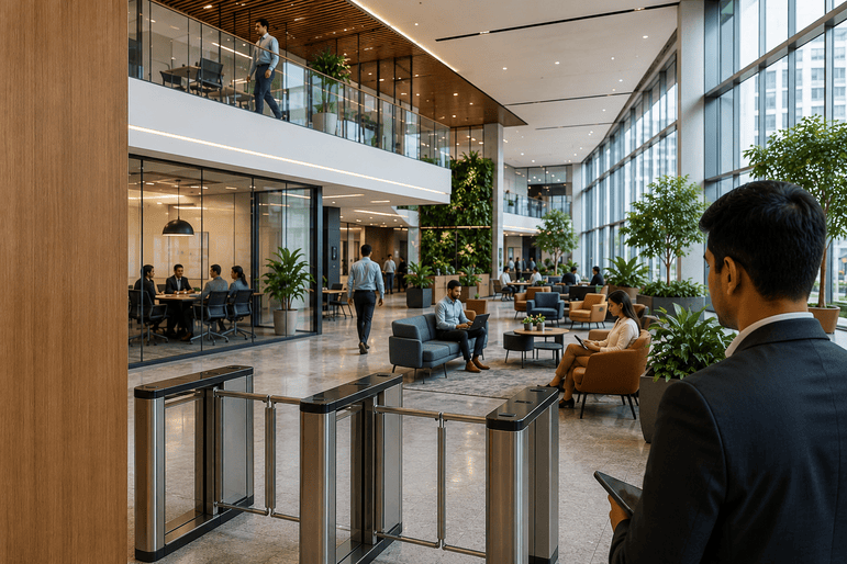 Image of office lobby showing smart access, meeting rooms to show Workplace Experience Management