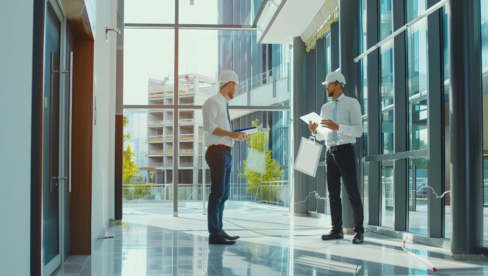 Two facility managers in an office lobby to show predictive maintenance in facilities management